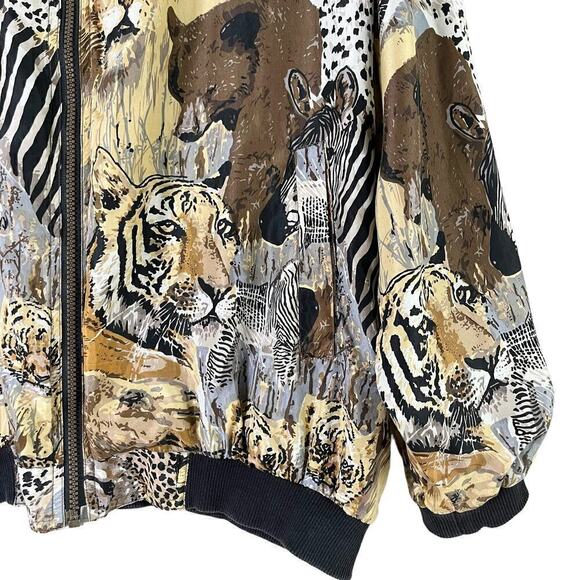Vintage 80s Atlantic Beach 100% Silk Safari Animal Lightweight Bomber Jacket, XL - Picture 5 of 15